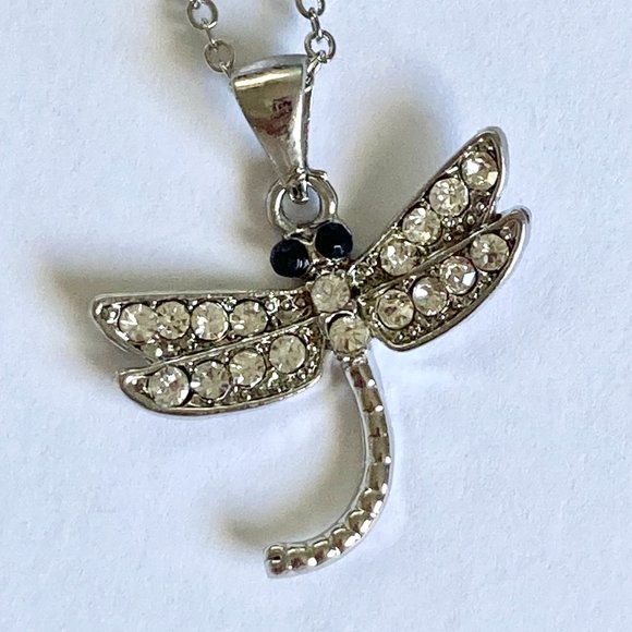Dragonfly Necklace Crystal Silver Plated Pendant Insect Bug Sparkly 16-18" Chain - Picture 5 of 10